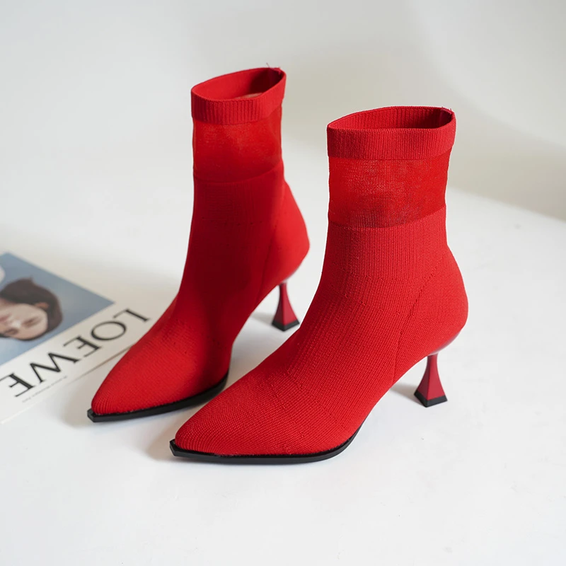 

Новинка Зима 2023, модная простая и удобная внешняя одежда с острым носком на тонком каблуке, женские большие эластичные ботинки, одна обувь