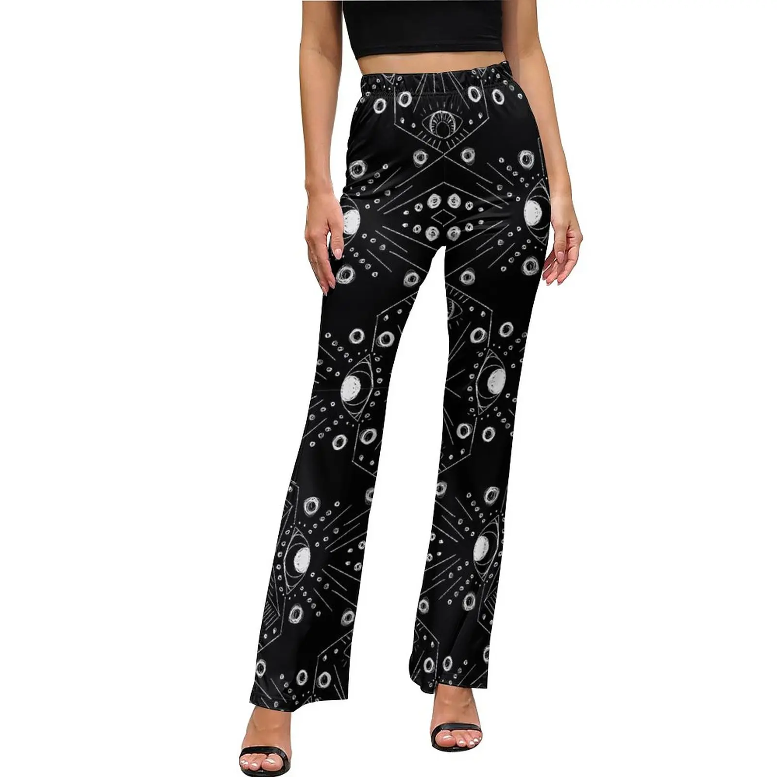 

Повседневные штаны с геометрическим рисунком сглаза, летние классические расклешенные брюки с винтажным принтом на заказ, узкие эластичные уличные брюки с завышенной талией