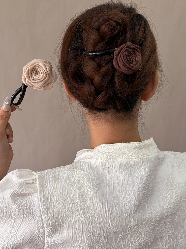Dried Rose Flower Hairpin Long Clip 2024 New High-Grade Twist National Sle Hair Back Head