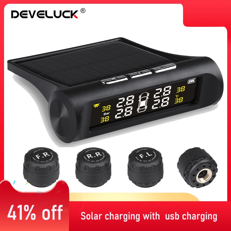 

Develuck Solar Power TPMS Car Pressure Monitor System Display auto Alarm Security Alarm Tyre Temperature Warning With 4 sensors