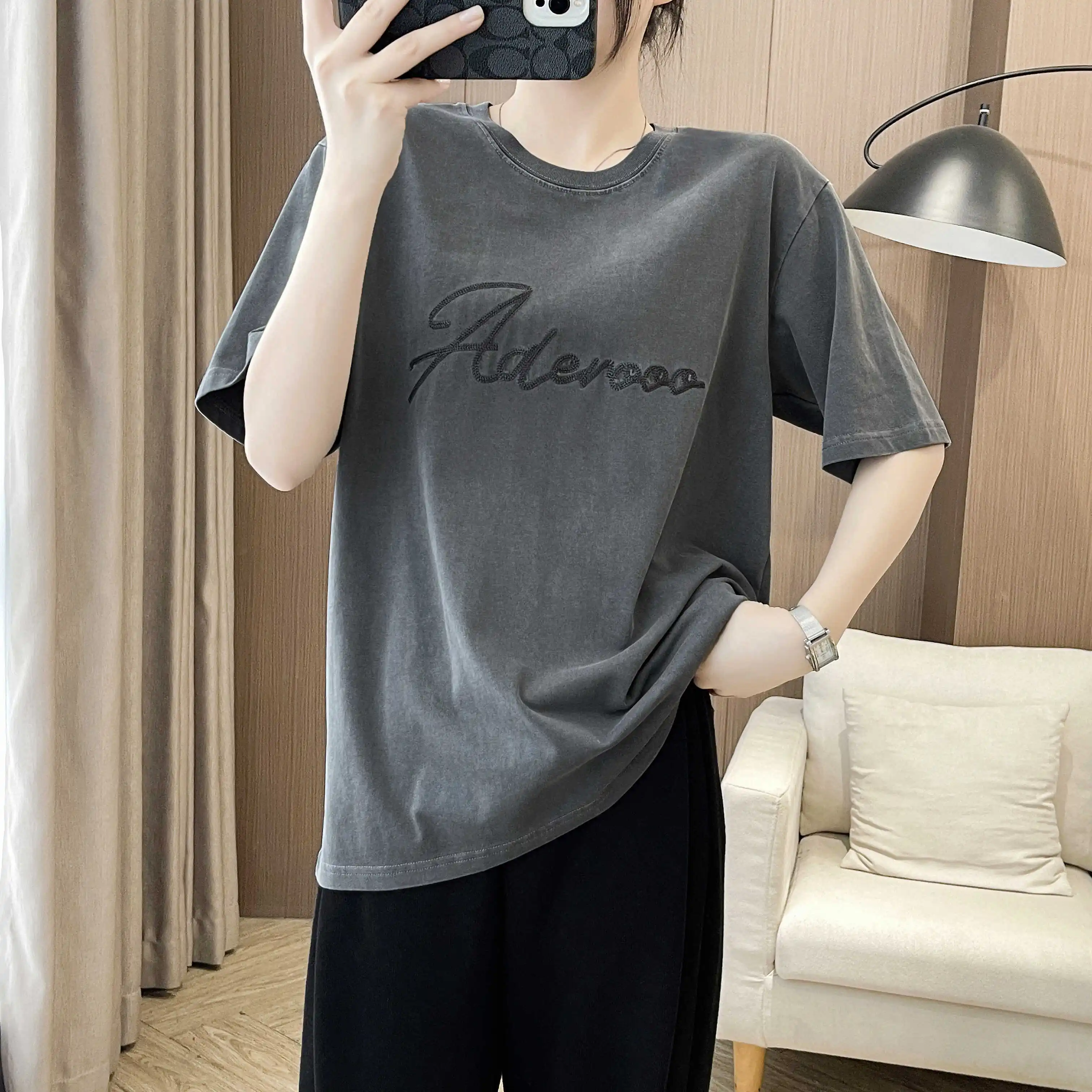2024fw Error Letter Embroidered Crew Neck Short Sleeve T-shirt Unisex Sle Loose Pure Cotton Casual Trendy T