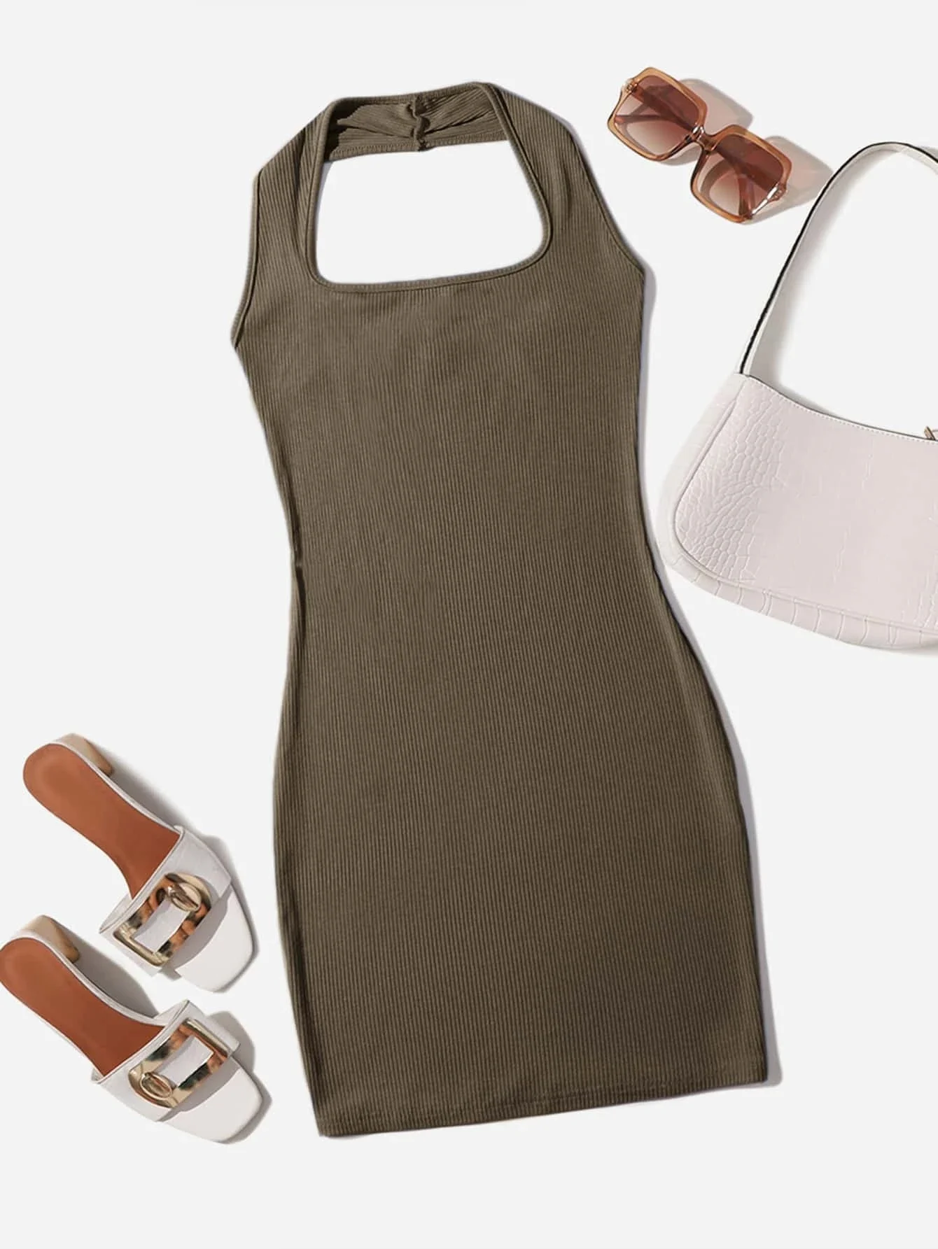 

Ms. Solid Rib-knit Bodycon Dress halter neck