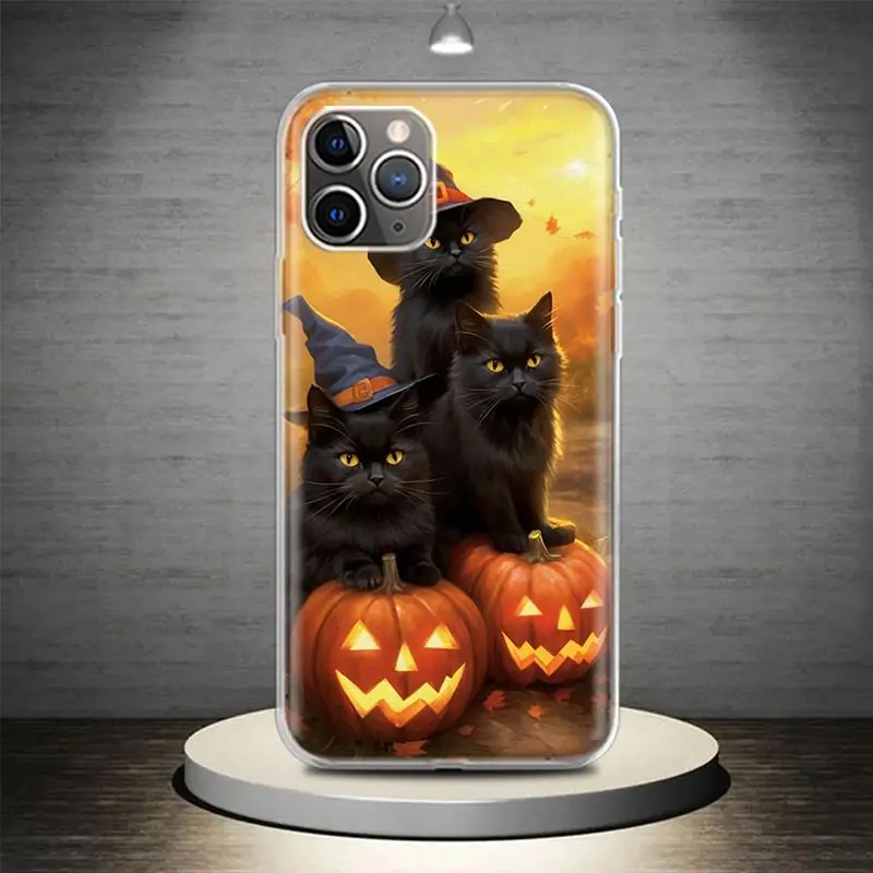 Чехол для телефона Черный котенок с тыквой на Хэллоуин iPhone 11 12 13 Mini 14 15 16 Pro Max 7 Plus X
