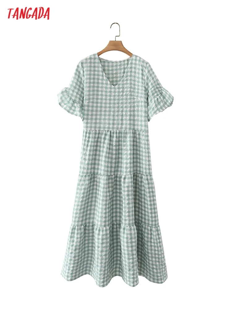 

Платье женское клетчатое средней длины с V-образным вырезом и расклешенными рукавами