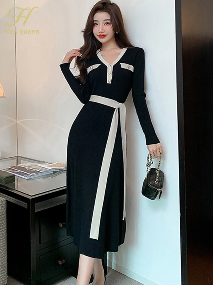 

Женское трикотажное платье с длинным рукавом H Han Queen, Осень-зима 2023