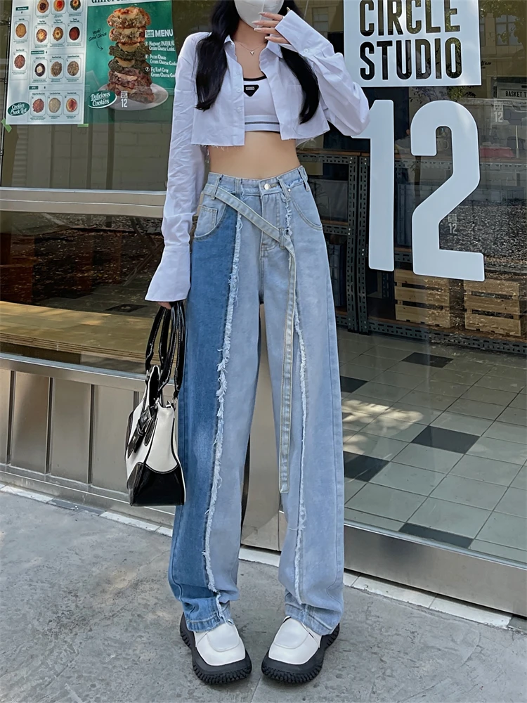 

Vintage Wash Blue Stitching Jeans Women's Spring Autumn New Design Sense Chic American Loose Wide Leg Denim Trousers Female