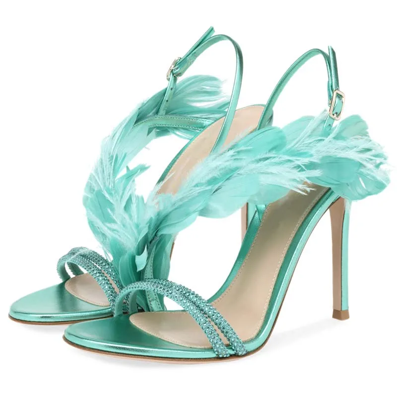 Feather Banquet High Heels Stiletto All-match Genuine Leather Rhinestone Sandals Sexy Open Toe Buckle Fashion Shoes For Women's