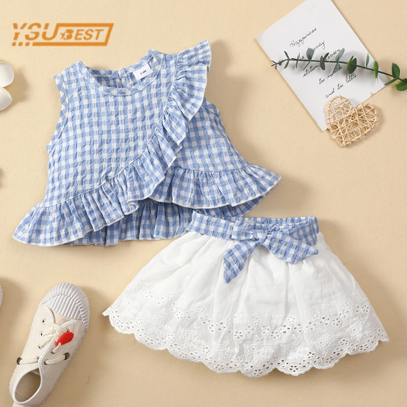 

Kids Baby Girls Sleeveless Grid T-shirt + Bowknot Skirt Clothing Sets Summer Kids Baby Girls Children's Clothes Suit