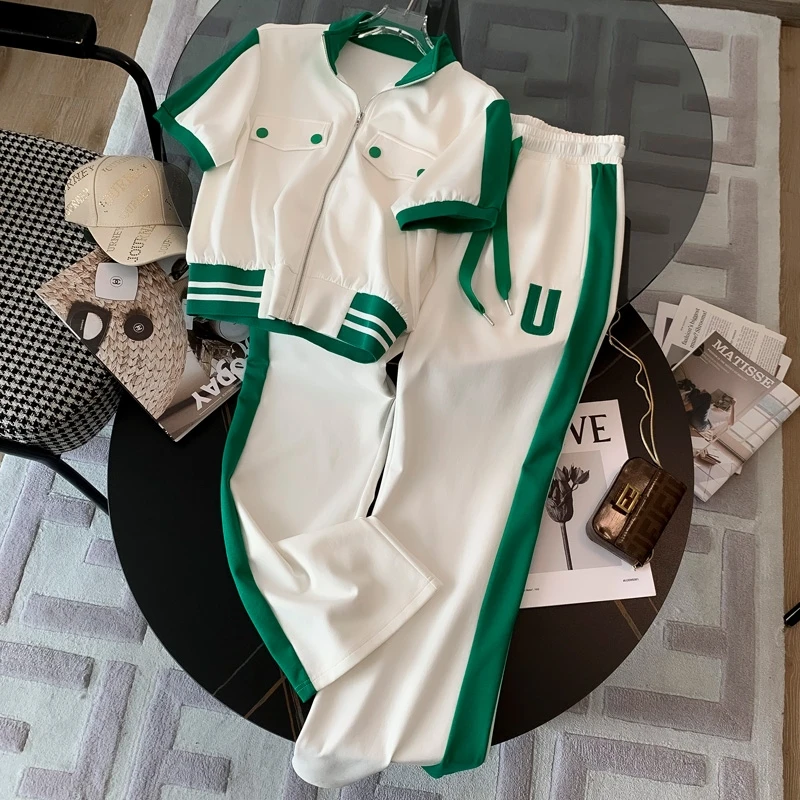 

A GIRLS Casual Sports Trousers Suits Women Summer Lapel Short Sleeve Zipper Tops+Lace Up Wide Leg Pants 2 Piece Sets Womens Out