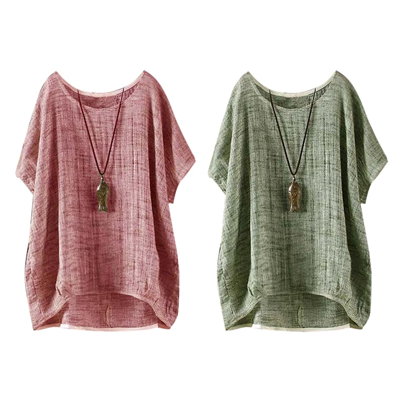 

2X Women Solid Loose Blouse O-Neck Tops Ladies Shirt Asymmetrical Short Batwing Sleeve Blouse XXXL Red & 4XL Green