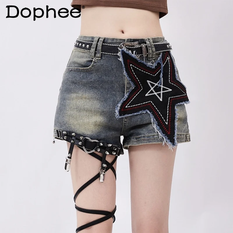 

Denim Shorts Women's Summer High Street Star Affixed Cloth Embroidered Sweet Cute Wear Hot Girl Style Casual Wide Leg Hot Pants