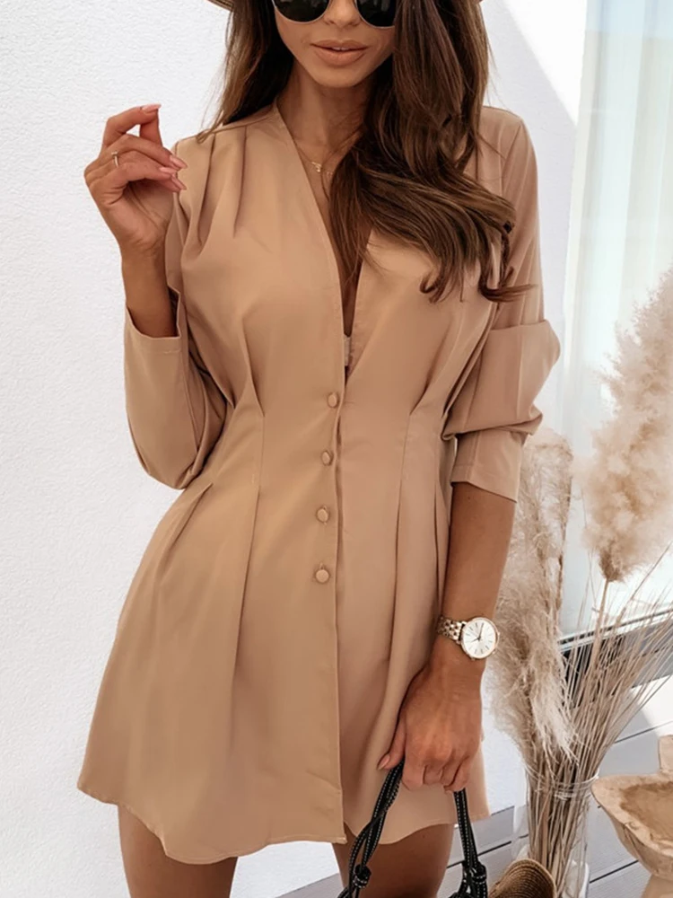 

Женское офисное платье-рубашка с V-образным вырезом, весеннее Плиссированное однобортное мини-платье, женское однотонное элегантное платье...