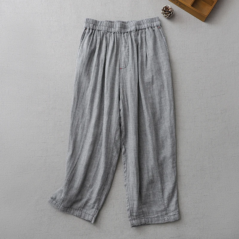 

Брюки Limiguyue женские длиной до икры, свободные дышащие шаровары из хлопка и льна, повседневные штаны в полоску с широкими штанинами, большие размеры, U793