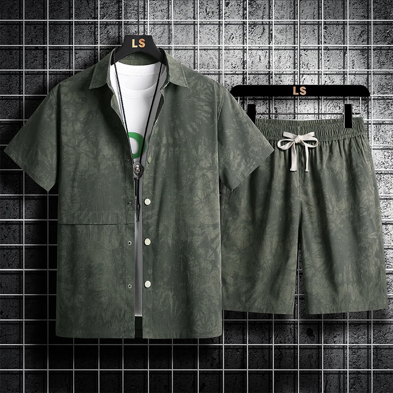

Summer Mens Short Sleeve Shirt Set Casual Camouflage Shirt + Shorts Two Piece 2023 New Cardigan Suit Fashion Loose Men Clothes