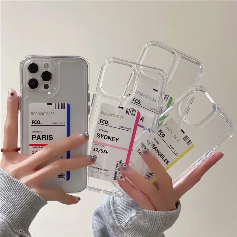 

Luxury Acrylic Clear Hard Bumper case for iPhone 13 Pro Max 7 8 plus XR XS 11 12 Clear City Travel Ticket Label Bar Code Cover