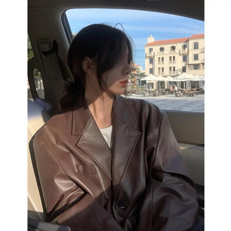 Loose Korean Casual Oversize Cool Fashion Design Retro Pu Leather Suit Jacket Women Brown Korean Girl Autumn Winter Clothes