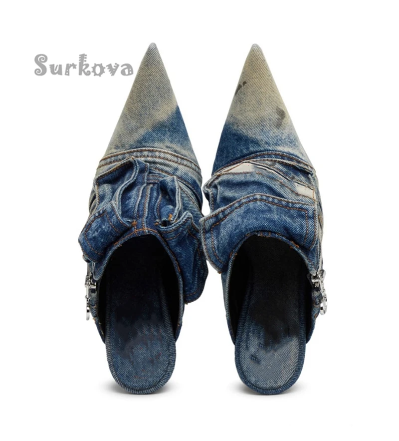 Pointed Toe Denim Slippers Zipper Metal Decoration Sexy High Heel Banquet Party Pumps Elegant Thin Heels Slip-On Wedding Shoes