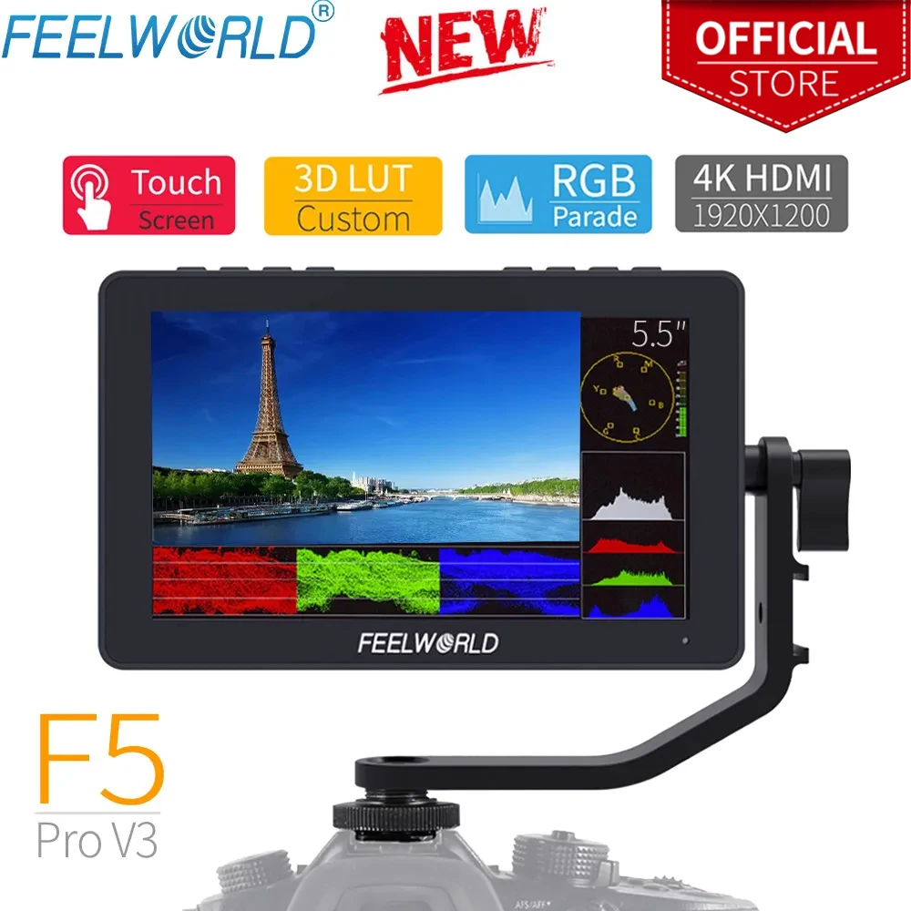 

FEELWORLD F5 Pro V3 5.5 Inch on DSLR Camera Field Monitor Touch Screen 3D LUT 4K HDMI External Wireless transmission LED Light