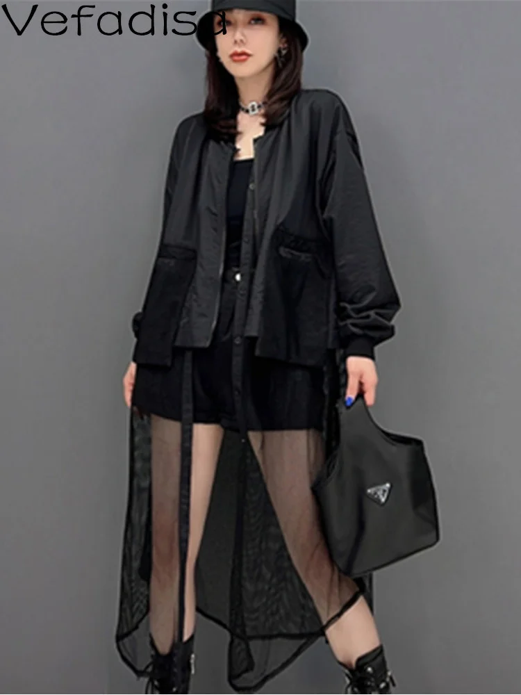 

Vefadisa 2023 Spring Autumn Round Neck Trench Coat Loose Mid-length Mesh Splicing Cardigan Leisure Trench Jacket Women's LHX4061