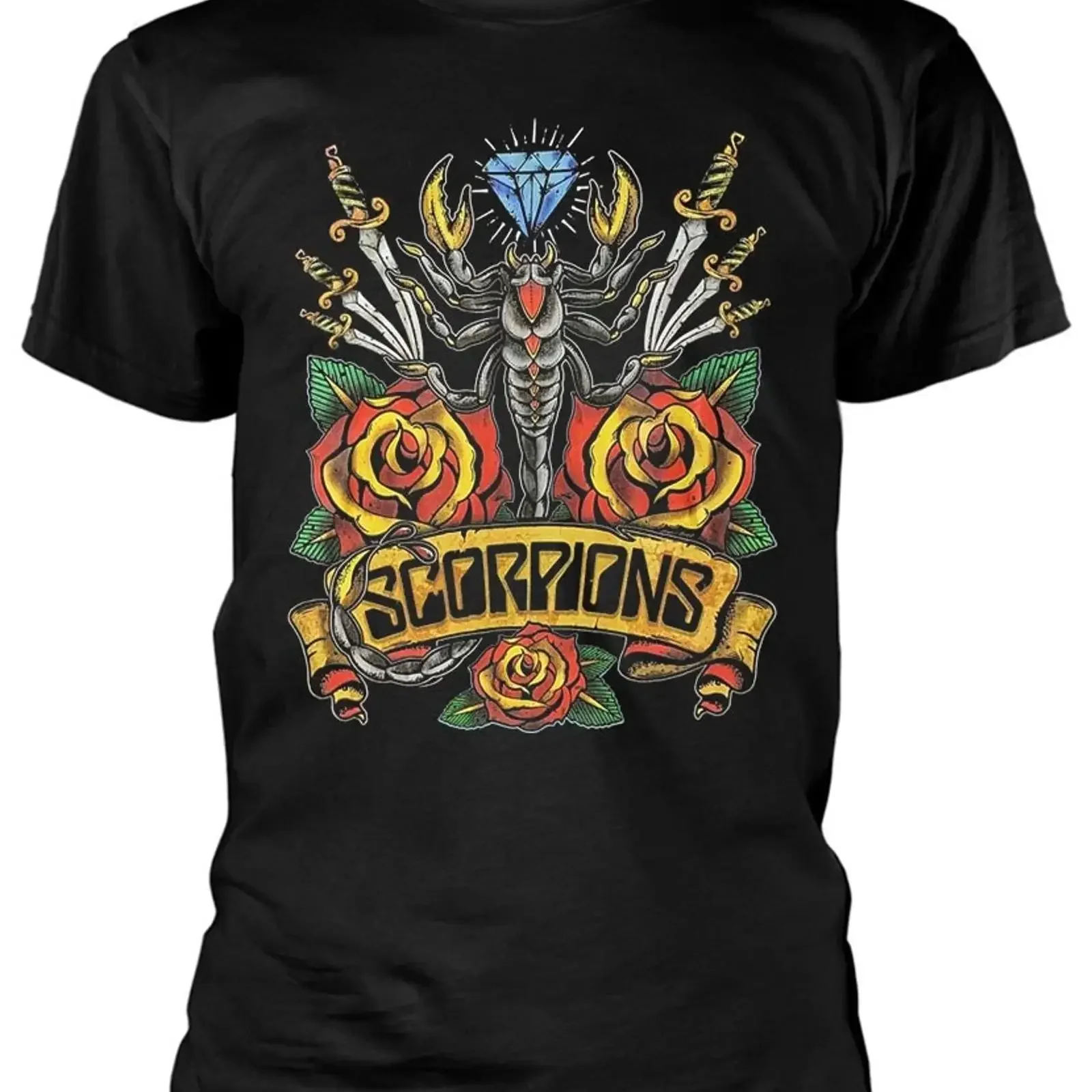 Фото Традиционная черная футболка Scorpions с тату-принтом, НОВАЯ, ОФИЦИАЛЬНАЯ, винтажная, с эффектом потертости, мужская, эластичная, стильная, удобная. №1
