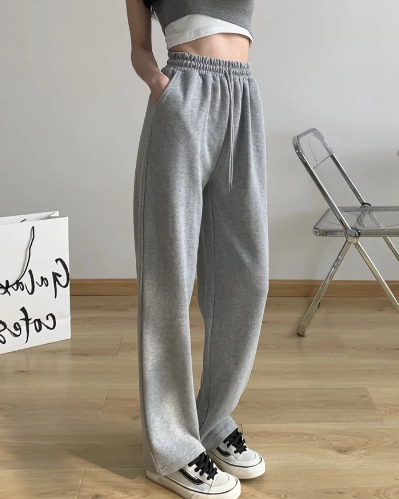 

Белые Спортивные прямые широкие повседневные брюки, женские брюки с высокой талией, свободные тонкие брюки для весны и осени, новый стиль