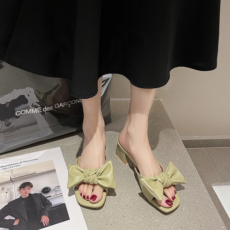 

Мюли женские на квадратном каблуке, шлепанцы на среднем каблуке, с бантом-бабочкой, роскошные дизайнерские, для улицы, лето 2022