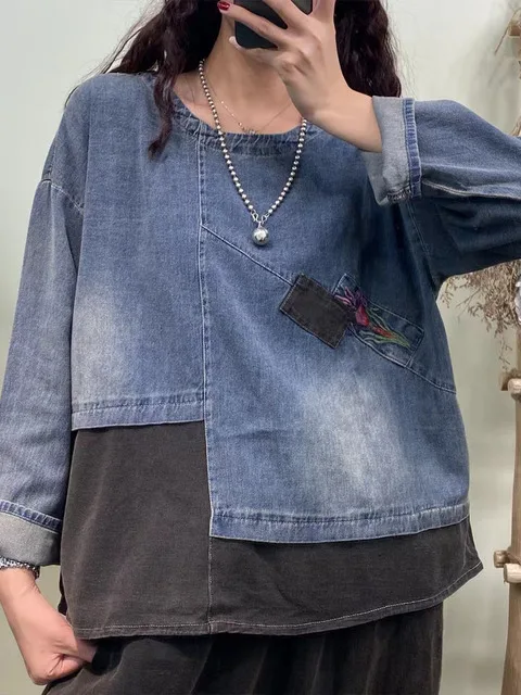 

Женская джинсовая футболка в стиле пэчворк, Повседневная Свободная хлопковая футболка в Корейском стиле, одежда в стиле Харадзюку на осень,...