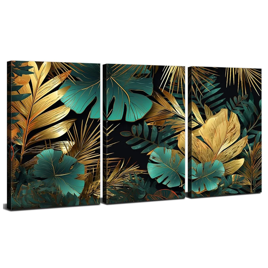 Триптих тропических листьев полная алмазная живопись зеленый и золотой вышивка