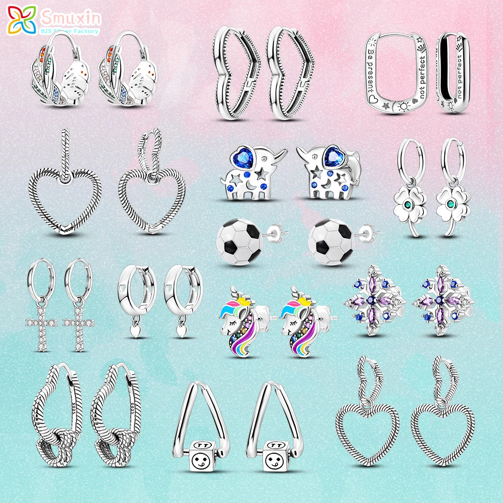 Smuxin 925 Sterling Silver Love Heart Openwork U imprint Hoop Earrings Snowflake Elephant Stud Earrings Fashion Women Earrings