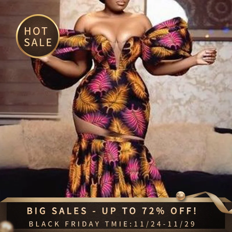 

Off-The-Shoulder Floral Printed Backless Puff Sleeves Mermaid Maxi Dress Fashion Strap Elegant Women's Dresses for Party 2022