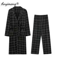New Autumn Winter Cotton Mens Robe Set Black Plaid Robe+Pants 2pcs Plus Size 4XL Fashion Pajamas Set Luxury Nightwear for Men