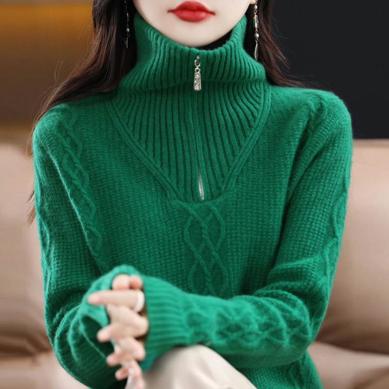 

Turtleneck Women Sweater Tops Autumn Winter 100% Wool Warm Pullover Female Knitted Zipper Casual Clothing Knitwear Sweter Jumper