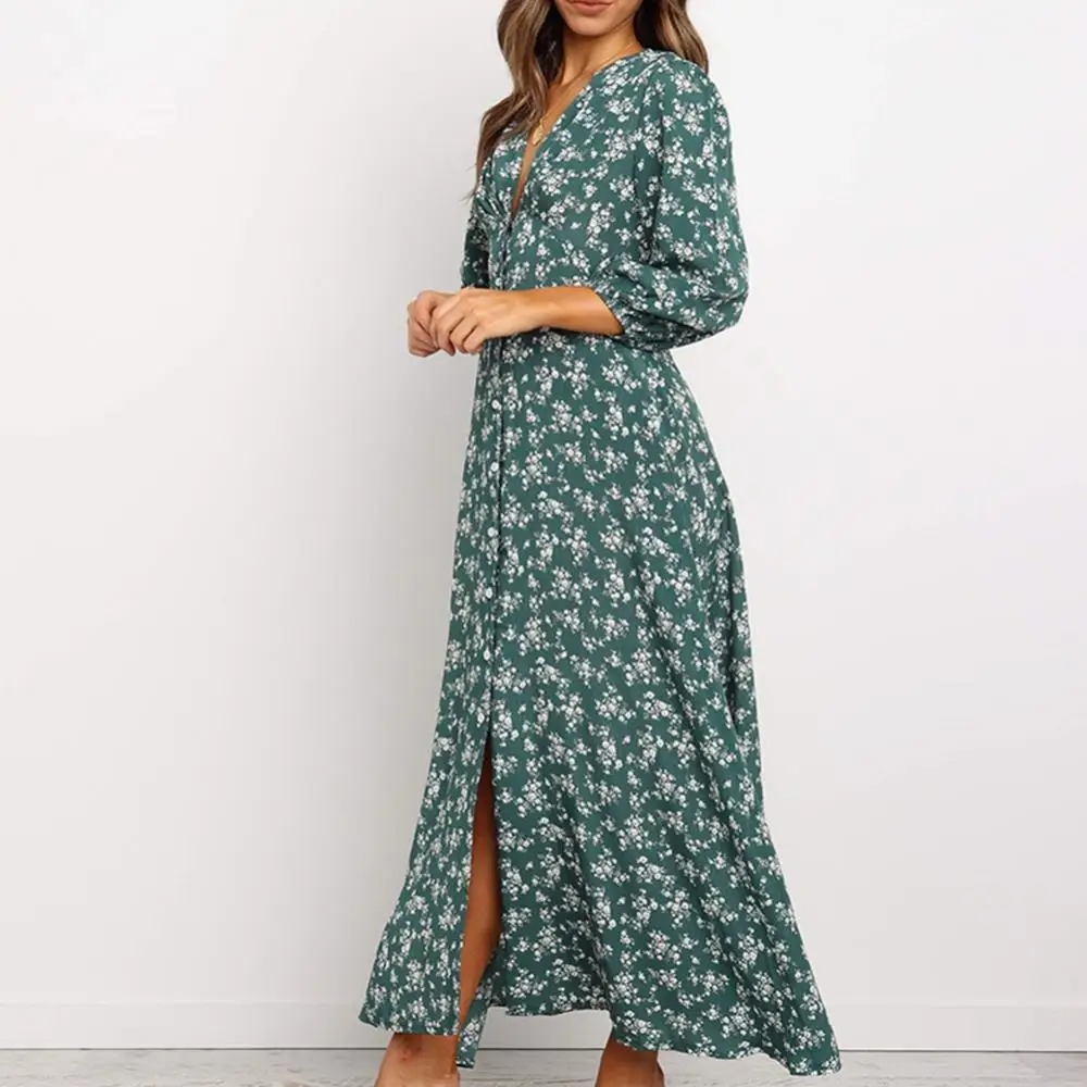 

Dress Women High Waist Long Sleeve Elegant Chiffon Dresses for Autumn Floral Print V Neck A-Line Maxi Vestido