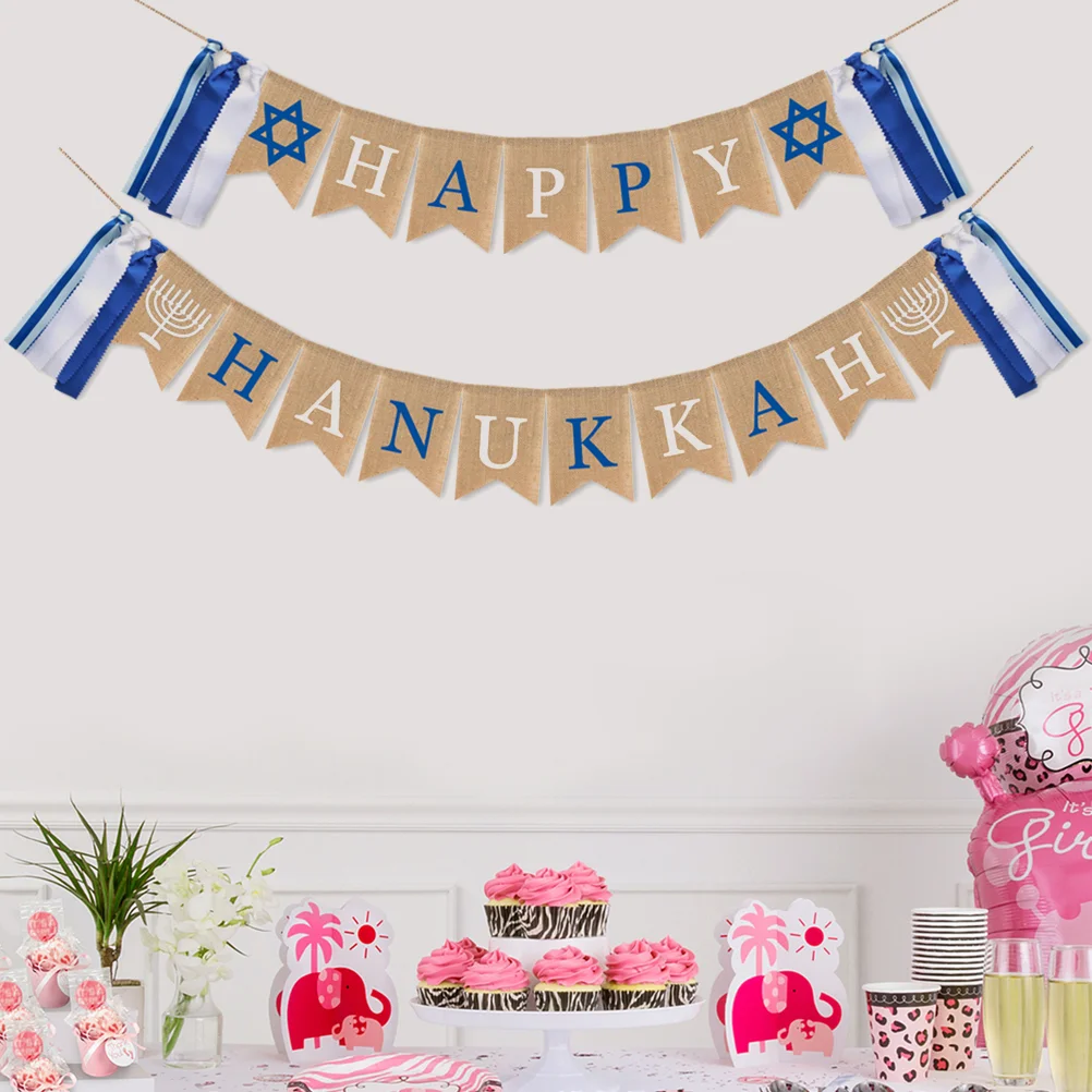 

Creative Happy Hanukkah Party Banner Tassel Linen Swallowtail Flag Party Supplies