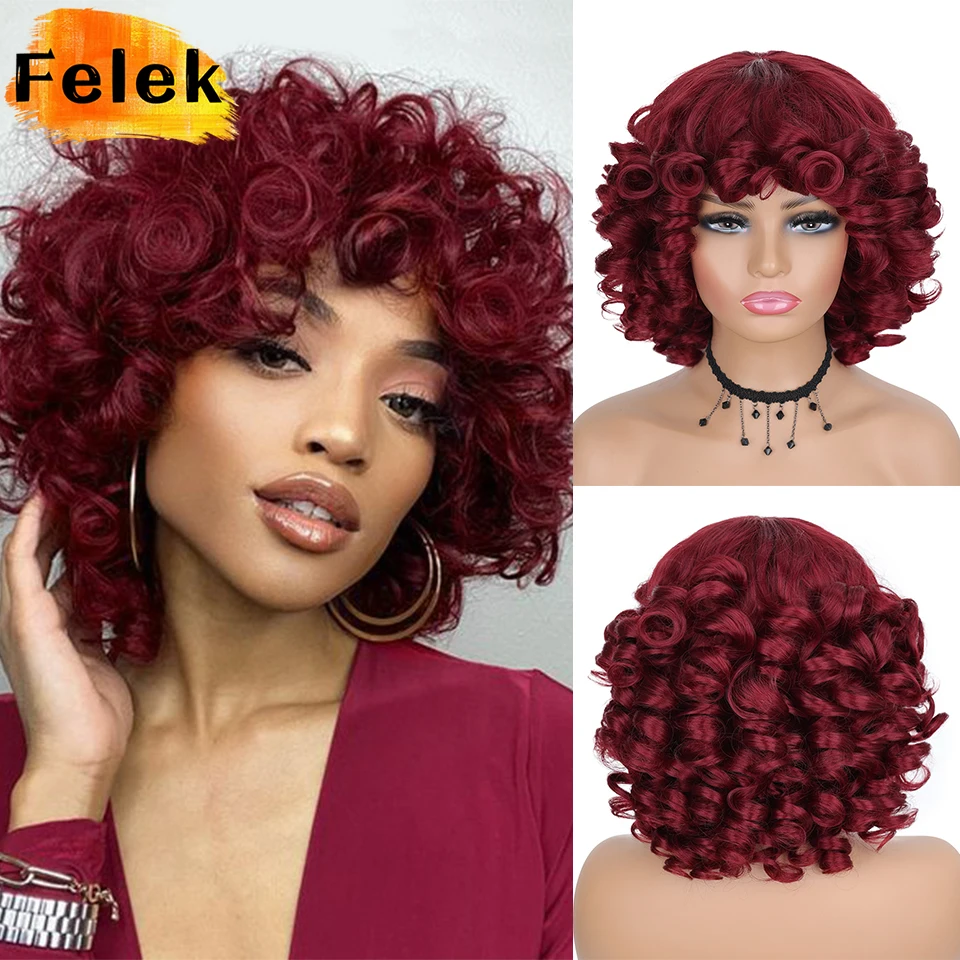 Short Hair Afro Kinky Curly Wigs With Bangs For Black Women Natural Synthetic Ombre Glueless Blonde Red Cosplay Bob Wigs FELEK