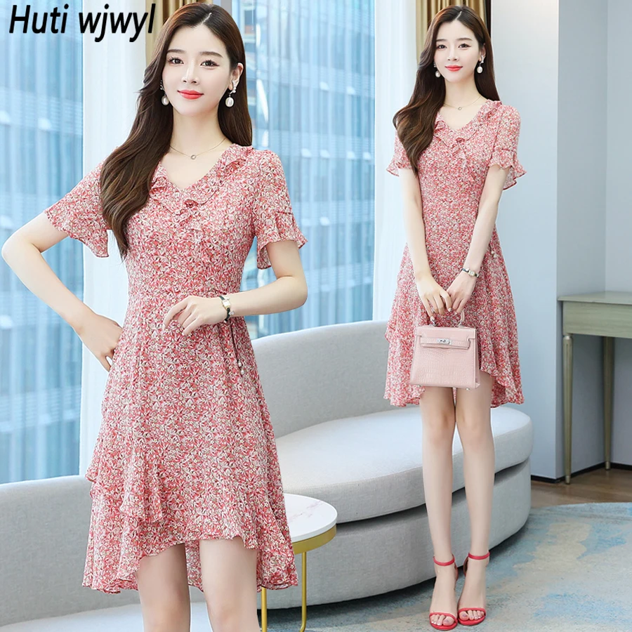 Women Floral Chiffon Short Sleeve Ruffled Sexy Midi Dress Summer Casual Boho Beach Dress 2023 Korean Elegant Bodycon Party Dress