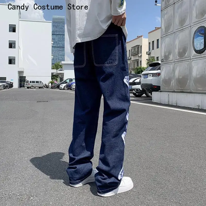 Male Vintage Blue Denim Pants Jeans Men Skeleton Baggy Casual Jean Pants Mens Japan Style Streetwear Wide Leg Denim Trousers