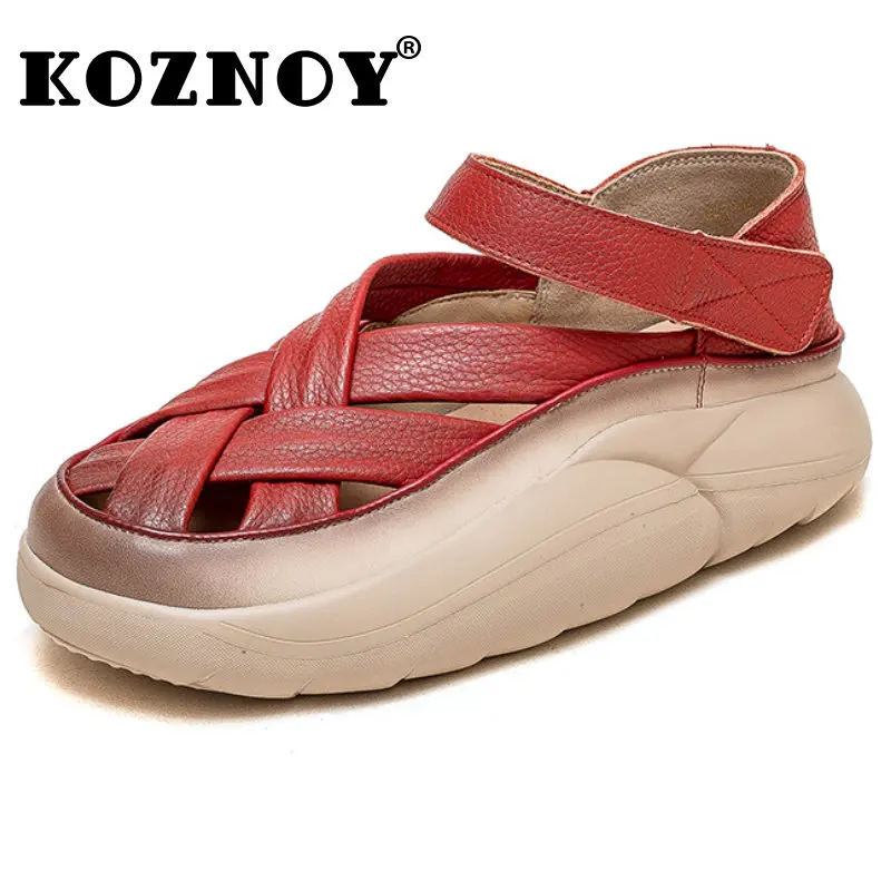 

Koznoy 4cm Women Sandals New Weave Genuine Leather Natural Platform Falts Chunky Sneakers Hook Hollow Moccasins Fashion Shoes