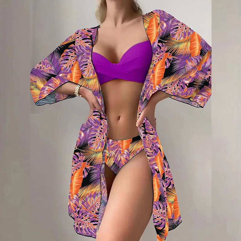 

Сексуальный праздничный комплект бикини из трех предметов с принтом, новый купальник пуш-ап на косточках + сетчатый Свободный кардиган, костюм, женская мода, женская пляжная одежда