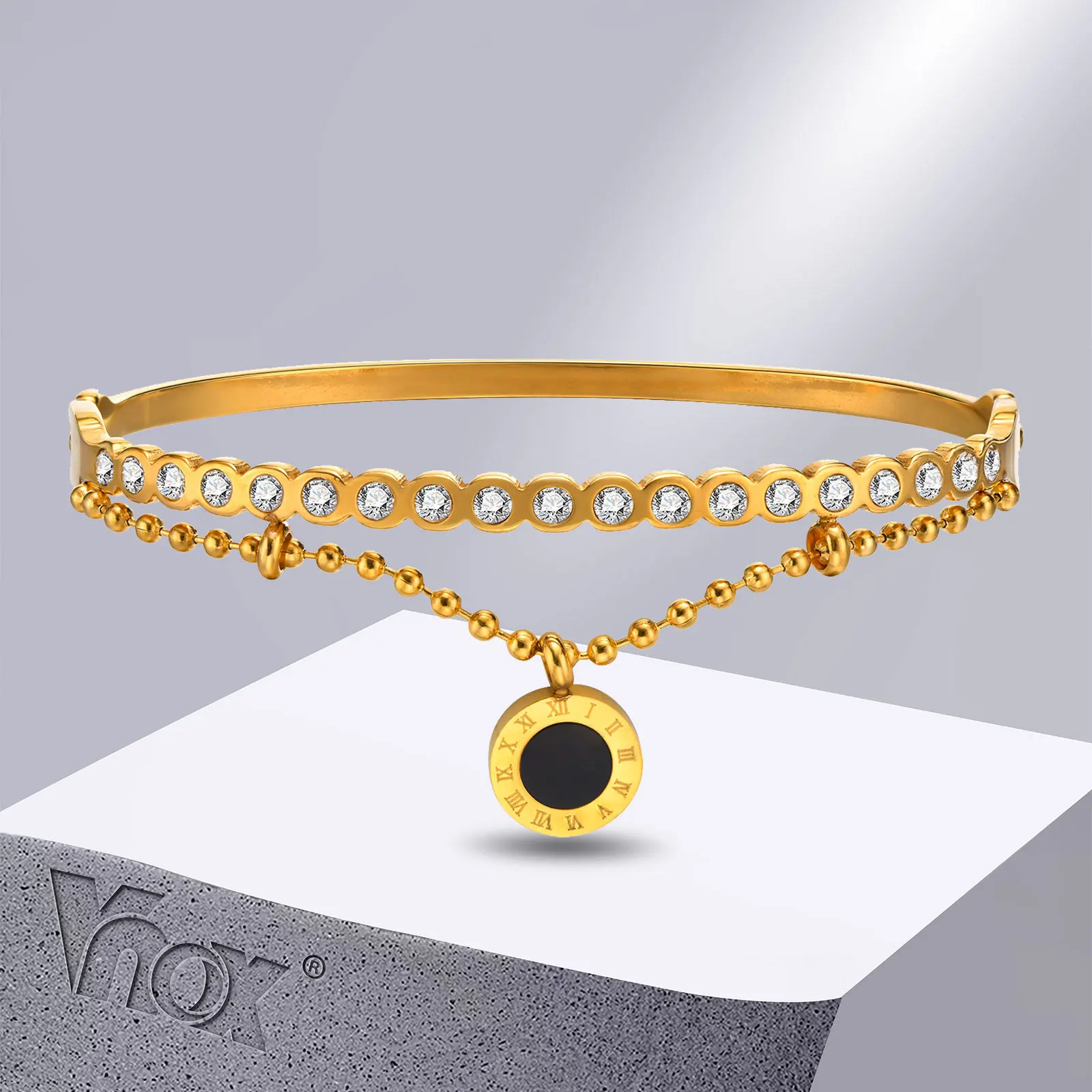 

Vnox Roman Numerals Charm Bracelets for Women,Gold Color Stainless Steel Cuff Bangles with Cubic Zirconia Accessories