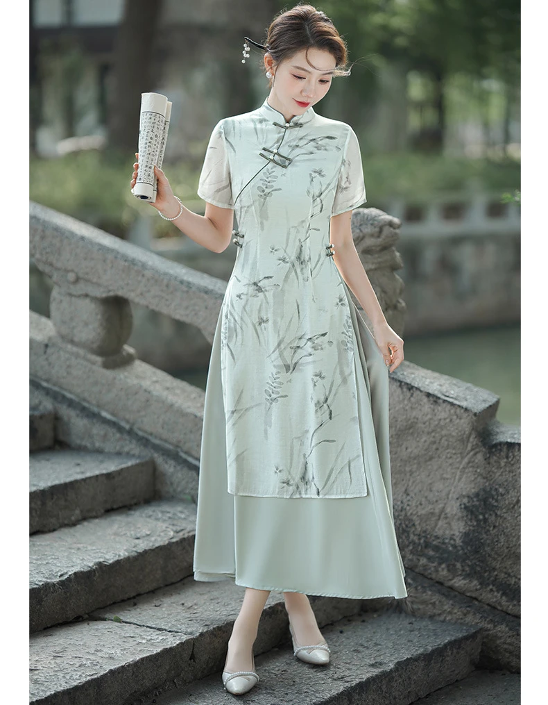 Женское элегантное платье Ципао с коротким рукавом и цветочным принтом