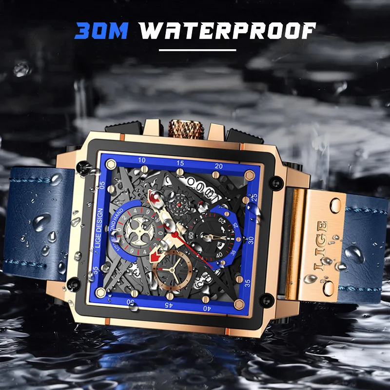 2023 New LIGE Men Watches Top Brand Luxury Hollow Square Sport Watch For Men Fashion Leather Strap Waterproof Quartz WristWatch