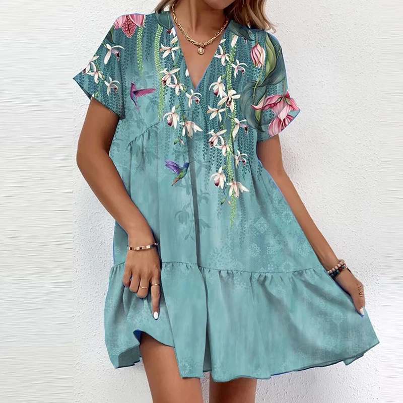 

Женское Повседневное платье с цветочным принтом, летнее модное свободное мини-платье с V-образным вырезом, элегантное пляжное платье-трапеция с высокой талией