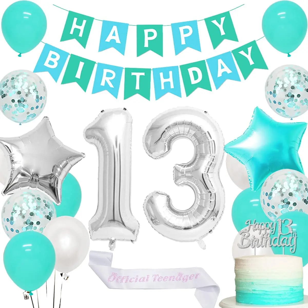 

13th Birthday Decorations for Girls Teal Turquoise Sweet 13 Birthday Party Supplies for Girls Happy 13th Birthday Cake Topper