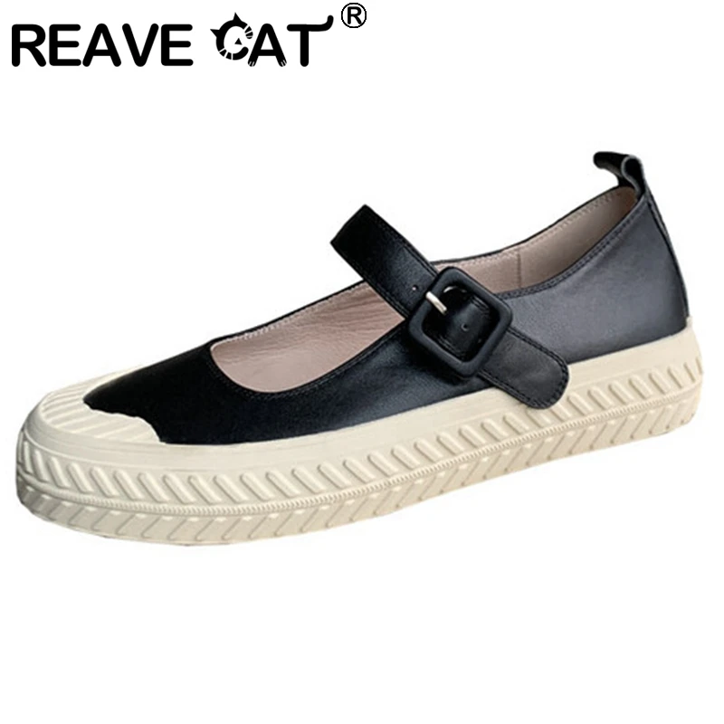 

REAVE CAT 2022 Women Flats Round Toe Heels Full Grain Leather Buckle Strap Sweet Plus Size 33-40 Black White Casual Spring S3413