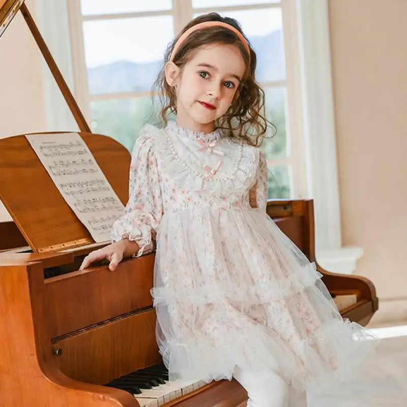 

Bohemian Style Princess Dress For Girls Floral Print Long Sleeve Mesh Hem Gowns Kids Children Birthday Wedding Party Clothes