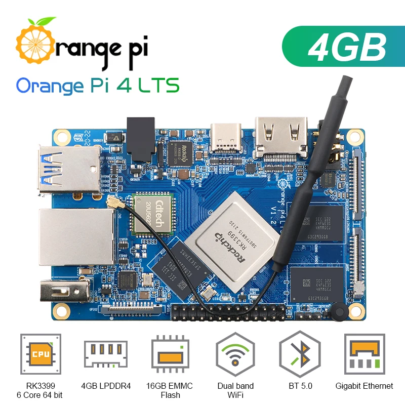 Orange Pi 4 LTS Гб ОЗУ Rockchip RK3399 16 EMMC Wifi + BT5.0 опциональный акриловый чехол вентилятор