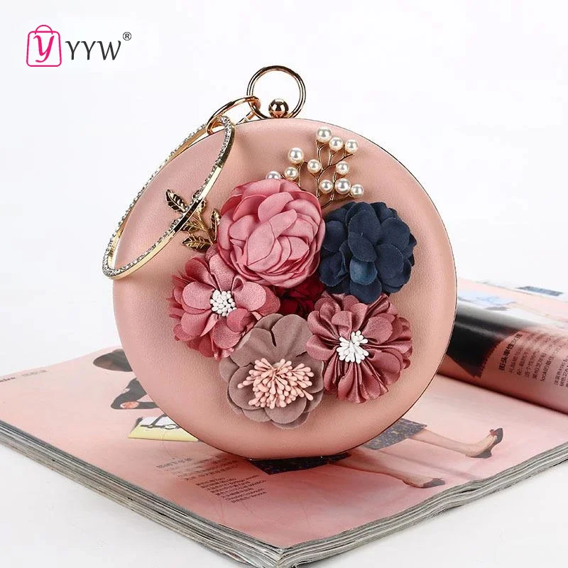 

Pink Round Flower Clutch Bag 2023 Womens Fashion Circular Ring Handbag Plastic Pearl Rhinestone Wedding Purse Pochette Femme