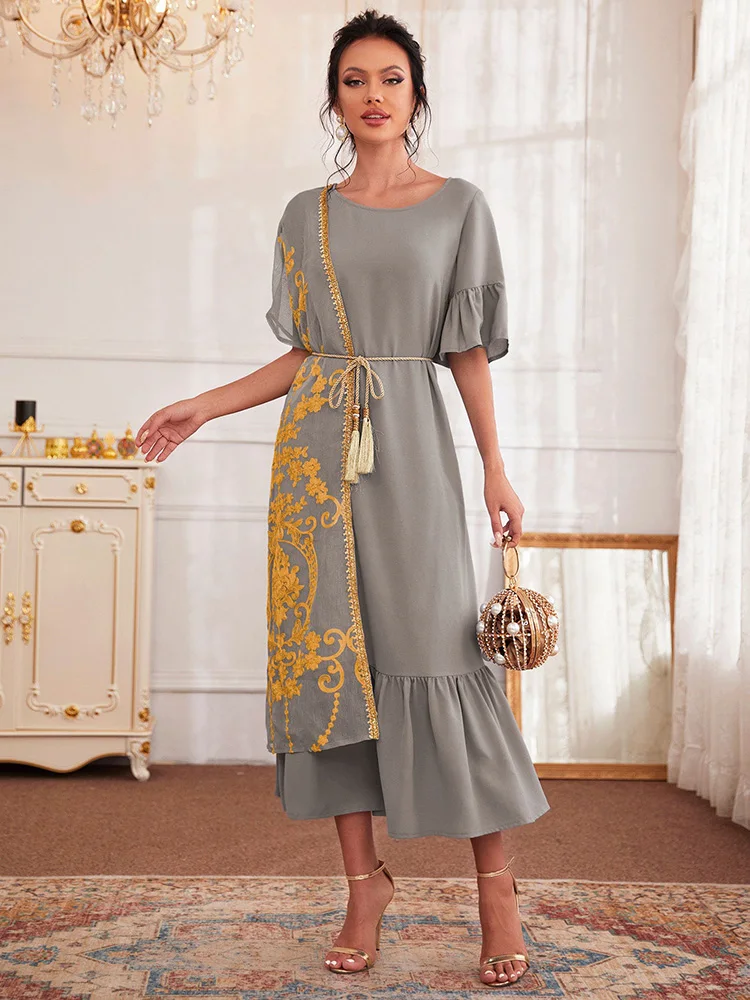 

TOLEEN Women Casual Elegant Maxi Long Dress 2022 Summer Luxury Embroidery Belt Arabic Turkish African Evening Party Robe Vestido