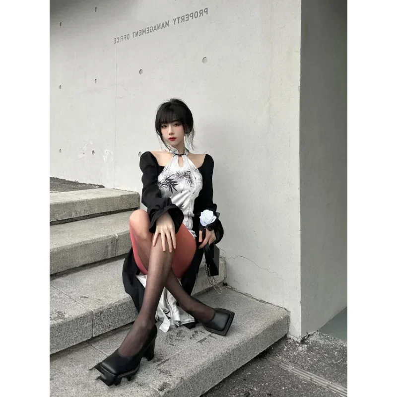 2024 летнее сексуальное черно-белое платье Cheongsam на одно плечо с бамбуковым принтом